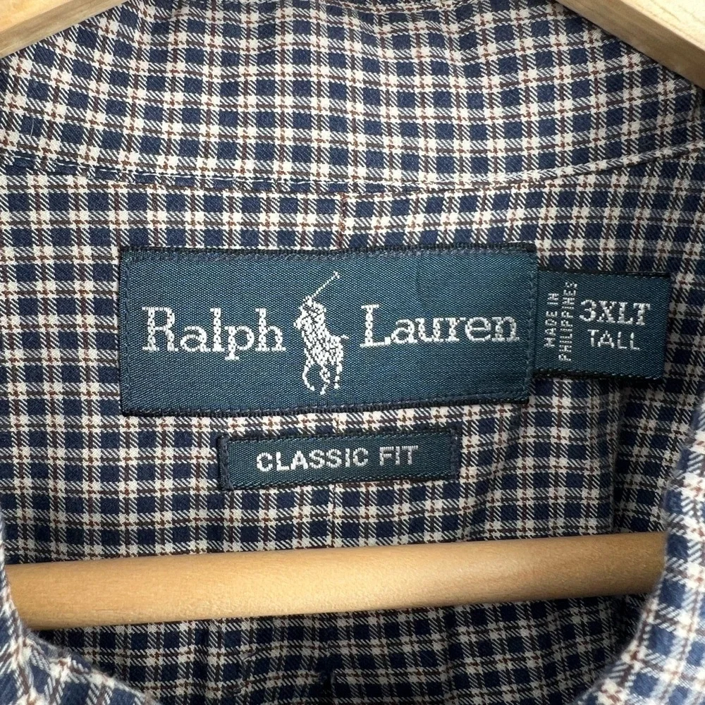 Ralph Lauren Mens Shirt Blue Plaid Check Classic Fit‎ Button Down Preppy 3XLT